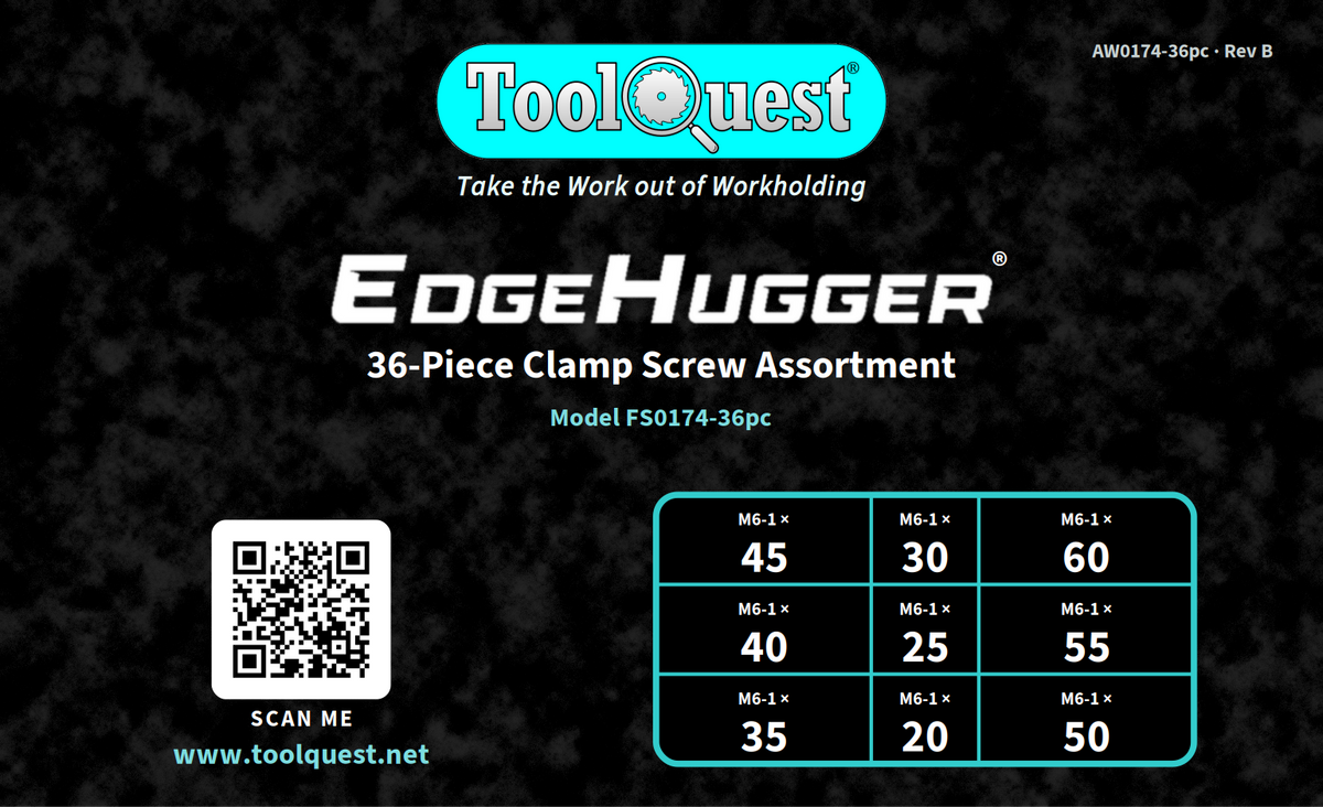 EdgeHugger 36-piece clamp screw assortment label, showing the screw-length compartment map