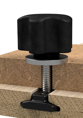 A WoodAnchor sliding nut and an ergonomic male clamping knob are used to fasten a fixture in place