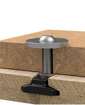 A WoodAnchor sliding nut and a button-head screw are used with a spacer washer to create a linear slide