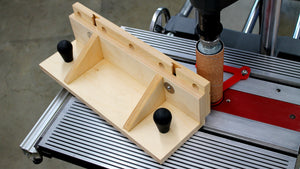 A pattern-sanding jig uses WoodAnchor fixturing slots to create an adjustable-height workpiece riser