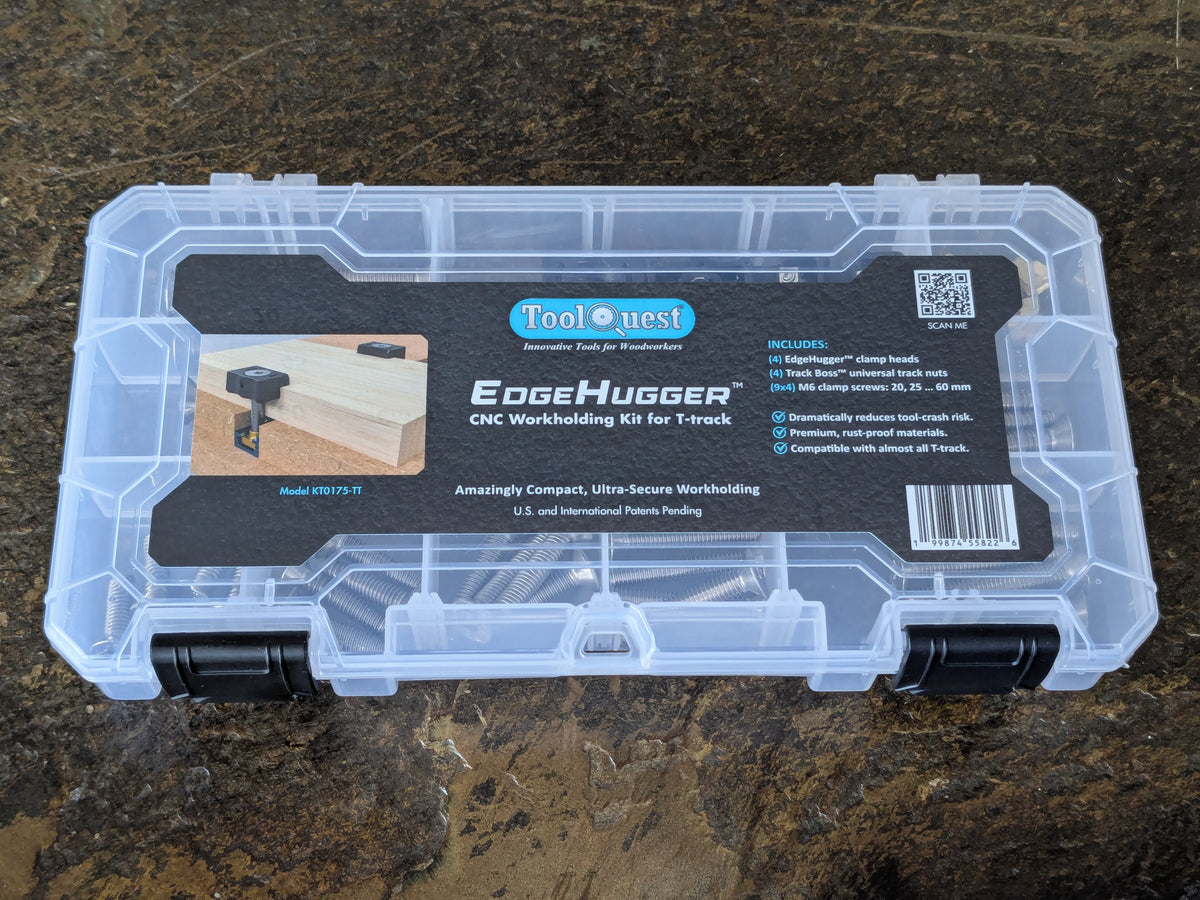 An EdgeHugger CNC Workholding Kit for T-track is shown with its label visible.  [T-track]