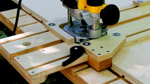 An exact-fit dado jig demonstrates the versatility of WoodAnchor sliding nuts, with a clamping head that slides freely