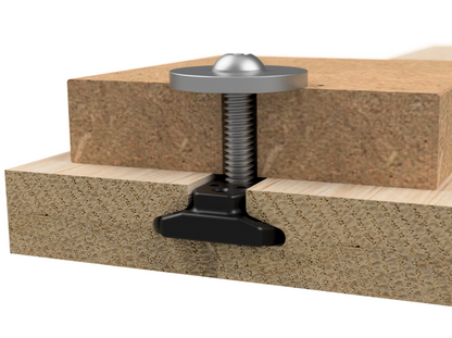 A WoodAnchor sliding nut used with a button head screw to clamp a fixture component