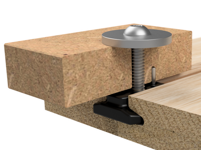 A WoodAnchor sliding nut used with a button head screw and alignment pin to clamp a fixture component