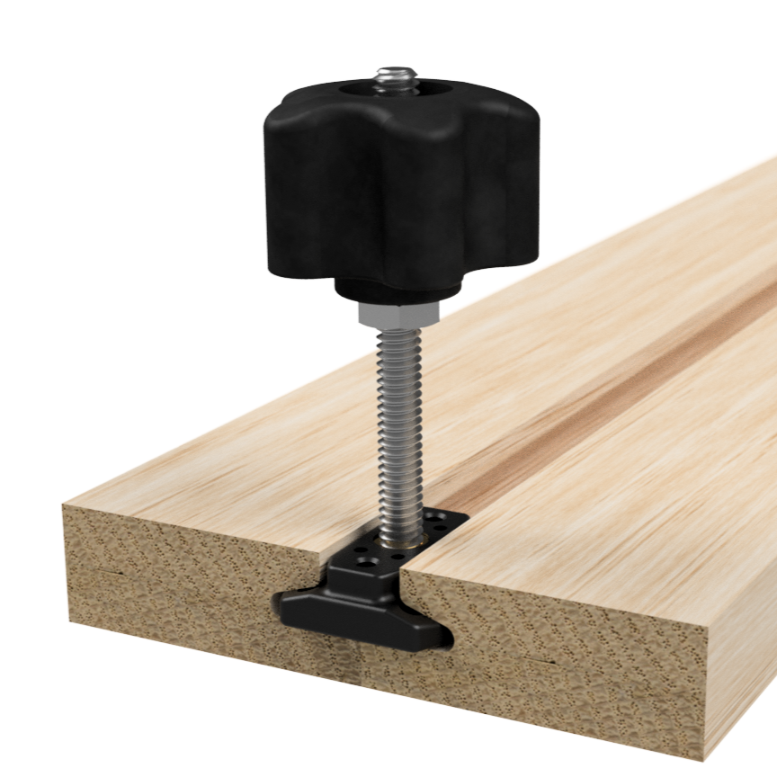 A WoodAnchor Female Knob Clamping Kit configured as an adjustable-length male knob assembly