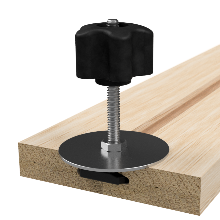 A WoodAnchor Female Knob Clamping Kit in fixed mounting post configuration