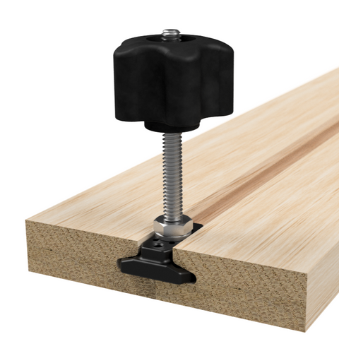 A WoodAnchor Female Knob Clamping Kit in sliding-post configuration