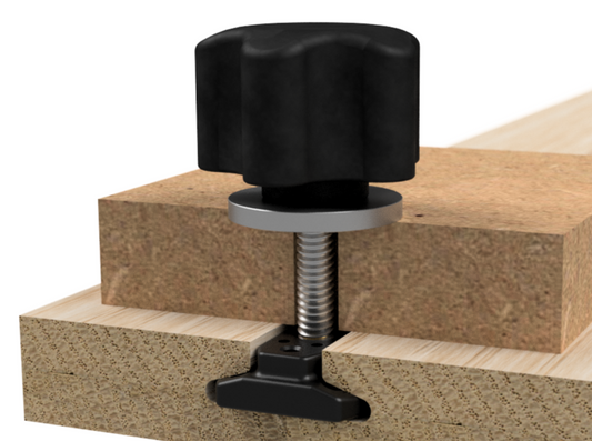 A WoodAnchor sliding nut used with a male clamping knob to clamp a fixture component