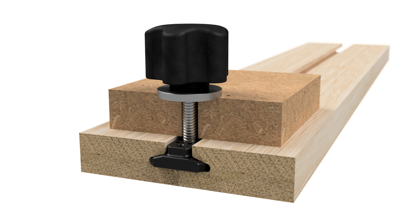 A WoodAnchor sliding nut used with a male clamping knob to clamp a fixture component